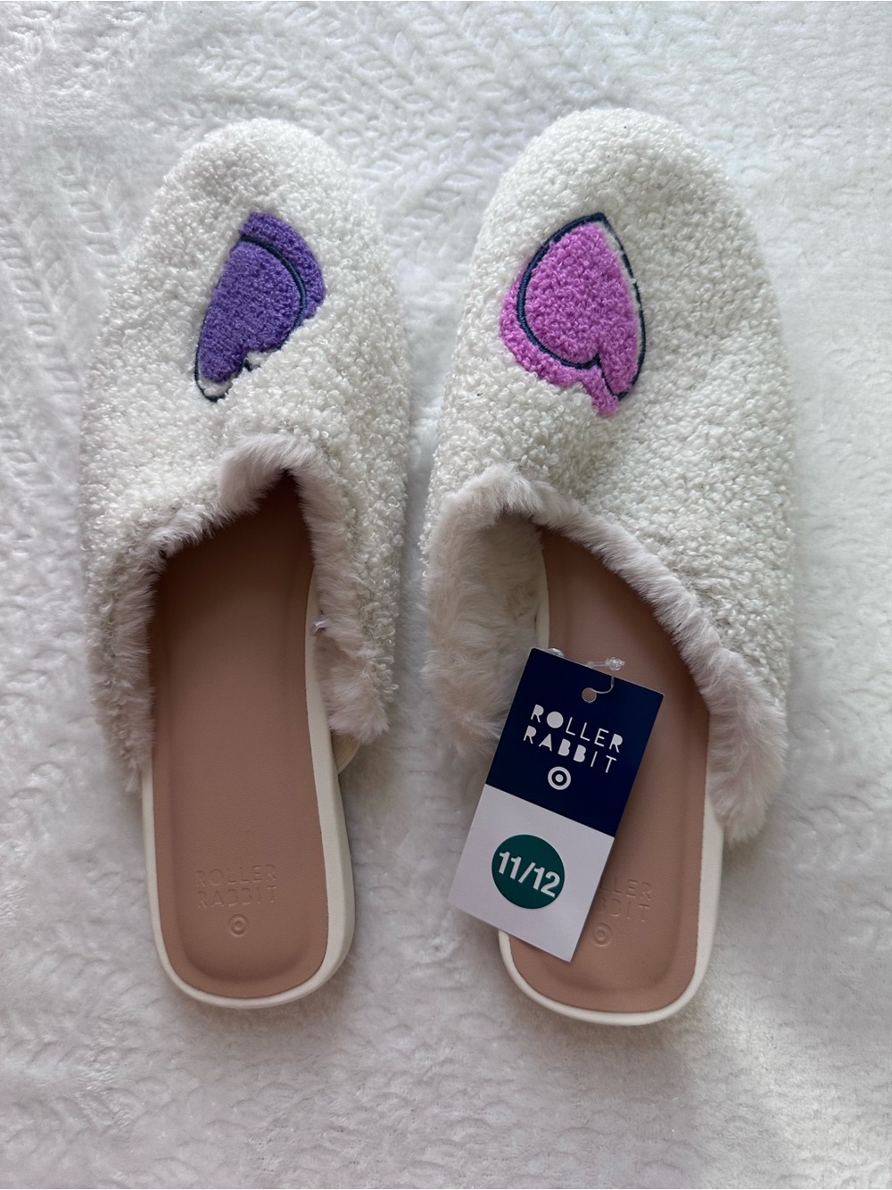 Roller Rabbit Women’s Slide Slippers Faux Fur Lined Heart White/Purple 11/12